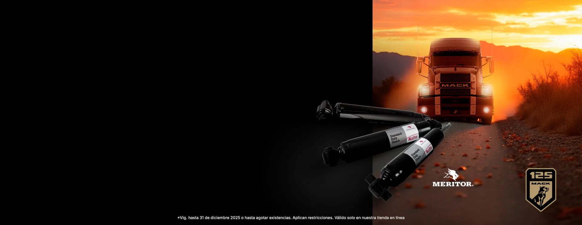 Amortiguadores Meritor Standard Duty a precio especial con camión Mack en atardecer.