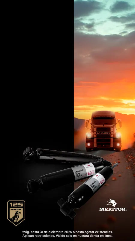 Tres amortiguadores Meritor Standard Duty con camión Mack al atardecer.