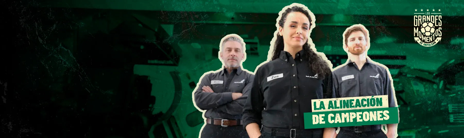 Equipo de especialistas con uniformes Mack bajo la frase La Alineación de Campeones