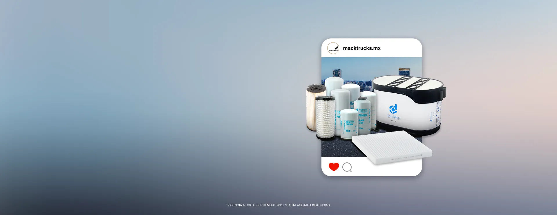 Promoción de filtros para camiones de carga Mack Trucks con envío en México.