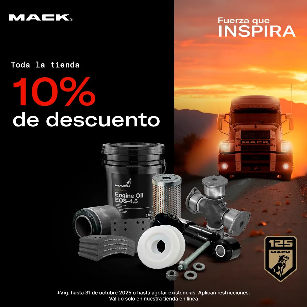 10% de descuento en refacciones como aceite de motor, filtros y balatas para camión Mack.