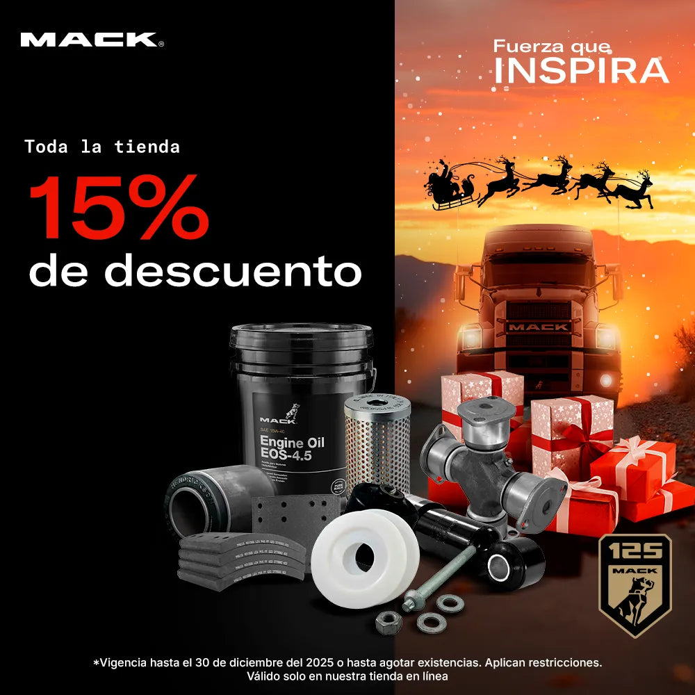 15% de descuento en refacciones Mack como Aceite EOS-4.5, filtros de aire y componentes de suspensión.