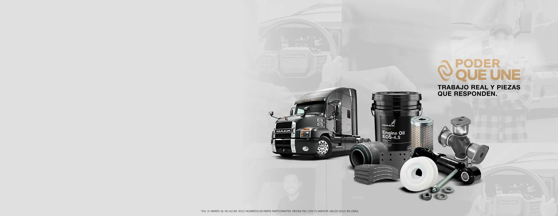Surtido de refacciones como aceite de Motor Mack EOS-4.5, filtros, balatas y piezas de suspensión.
