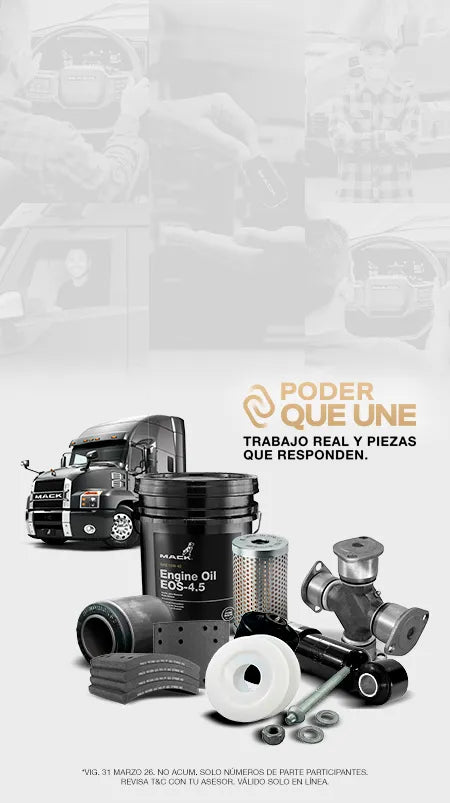 Un camión Mack junto a un kit de mantenimiento con aceite EOS-4.5, filtros y repuestos originales.