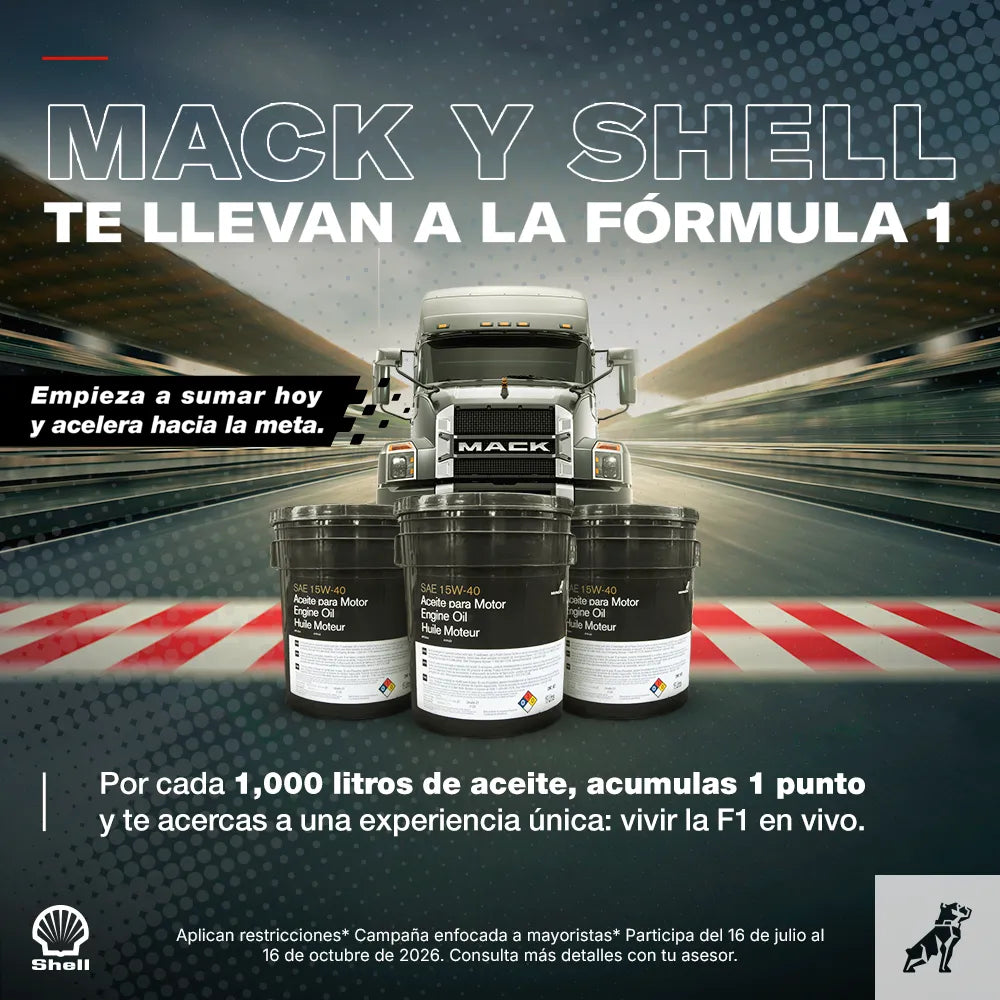Promoción Mack y Shell para mayoristas: acumula 1 punto por cada 1,000 litros de aceite Shell 15W-40 y participa por una experiencia en la Fórmula 1.